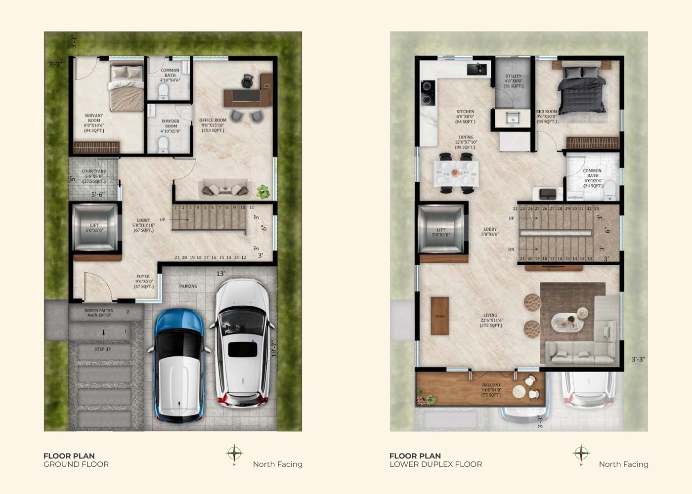 4 BHK North Facing Floor Plan - 1350 – 2400 Sq. Ft.