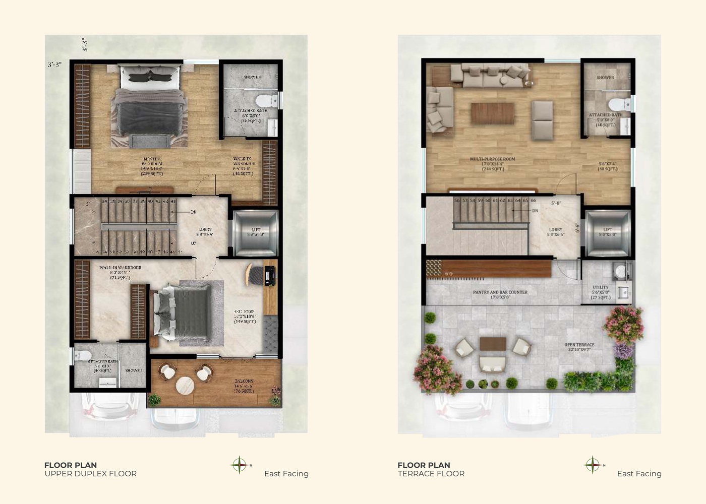 4 BHK East Facing Floor Plan - 1350 – 2400 Sq. Ft.