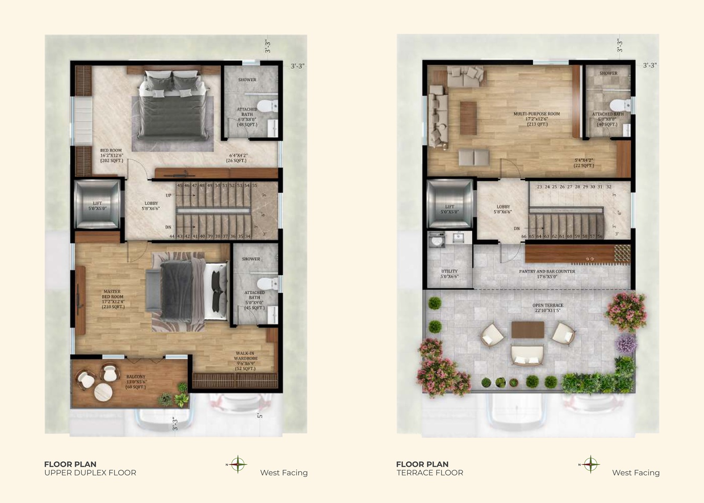 4 BHK West Facing Floor Plan - 1350 – 2400 Sq. Ft.